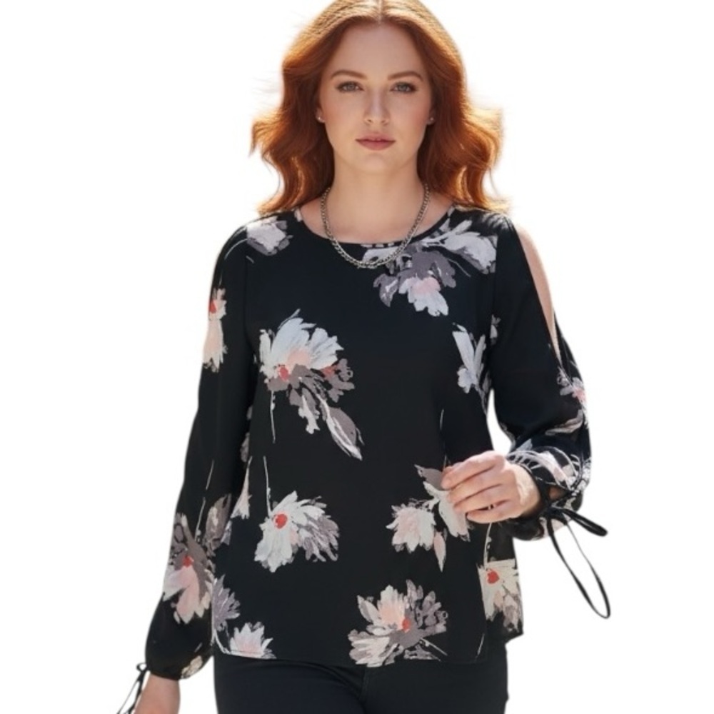 Maurices Medium Black Bold Floral Split Sleeve Blouse Business Casual Office